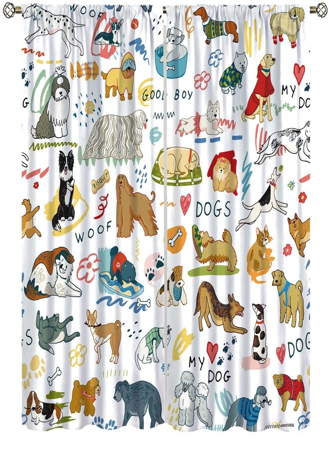 AAVEUP Dog Curtains for Bedroom,Cartoon Funny Quirky Cute Dog Bone Paw Prints Different Kinds of Loyal Pet Dogs Dogs Window Drapes Print for Boys Girls Living Room Dog House 42x45in（No Blackout） - Image 1